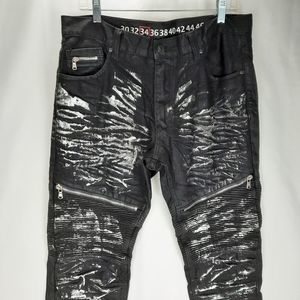Denim House black jeans silver paint zippers 5 pocket men's W34 L33 cotton NWOT